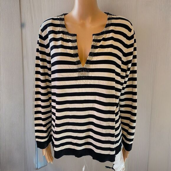 Vintage Talbots Knit Sweater Women Plus 1X Silk Nylon Black White Striped VNeck - Picture 1 of 9